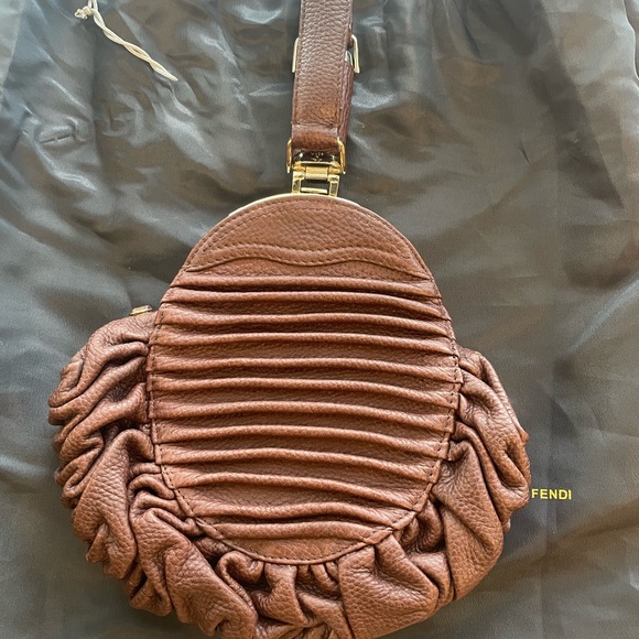 Fendi Brown Rouched Leather Wristlet Handbag - Picture 4 of 8